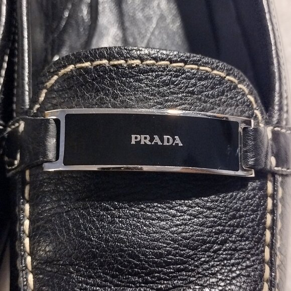 Vintage Prada Women Black loafers with white stitching  (US 9) - Picture 4 of 6